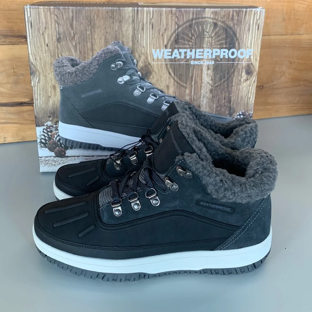 NIB Men’s Weatherproof Landon Boot Grey Black Leather Memory Foam